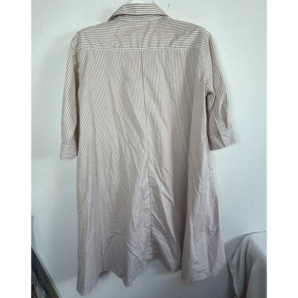 Womens Brown & White Collared 3/4 Sleeve A-Line Striped Shirt Dress Pockets - Picture 2 of 7